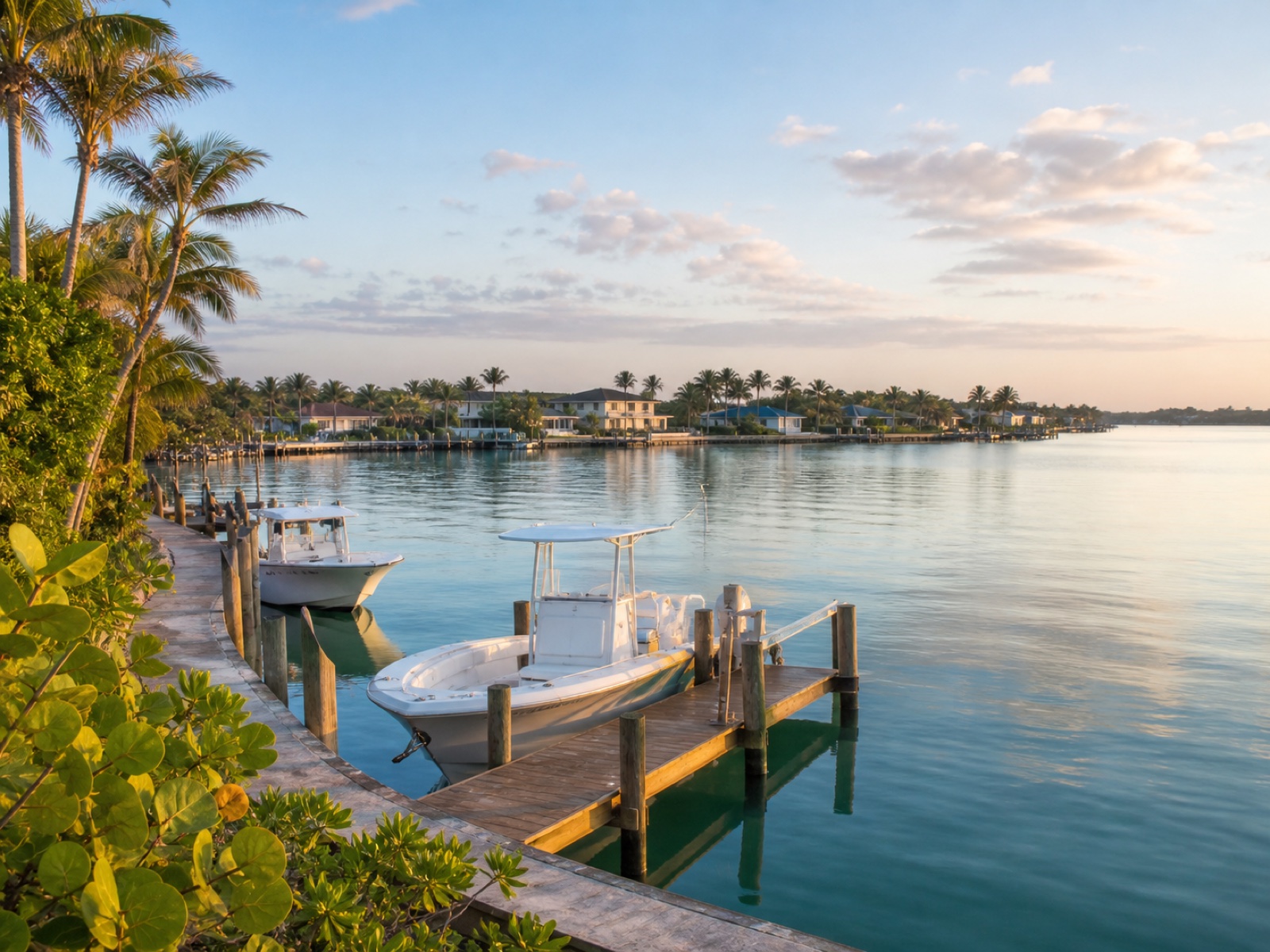 Boats resting along a South Florida Intracoastal waterway at sunrise